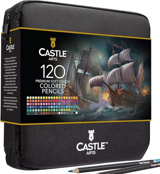 Castle Art Supplies 120 Coloring Pencils Zipper-Case Set | Premium Quality Soft Core Colored Leads for Adult Artists, Professionals and Colourists | In Neat, Strong Carry-Anywhere Zipper Pouch