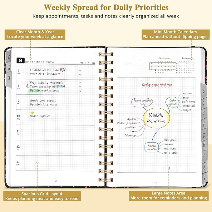 JoyCat 13-Month Academic Planner 2026-2027, June 2026 - June 2027, A5 Weekly & Monthly Planner, Hardcover Agenda with Tabs, 5 Sticker Sheets, Elastic Closure & Pocket for Teachers & Students, 6.3" x 8.5", Midnight Garden