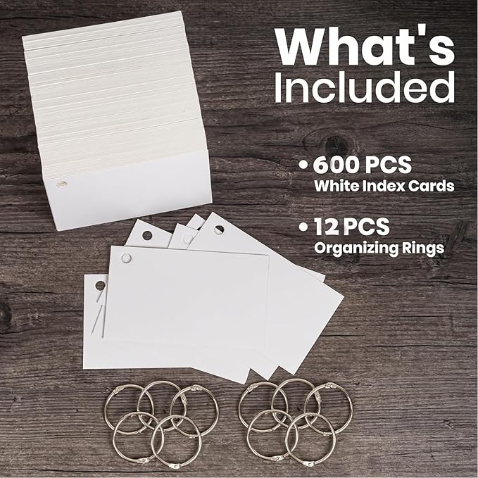 Index Cards, 600 PCS 3 x 5 Inch Punched Flash Cards with 12 Organizing Rings, White Flashcards for Studying, Blank Memo Note Cards for Adults Kids Home School Office