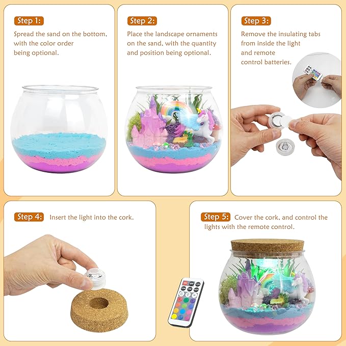Light-Up Unicorn Terrarium Gifts, DIY Night Light Kit with Remote Control and 13 Lighting Colors, Night Light for Birthday, Children's Day, Halloween, Christmas or New Year Gifts for Girls Ages 5-10