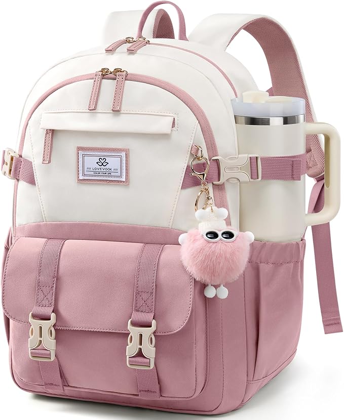 LOVEVOOK School Backpack for Teen Girls, Bookbag for 8-16 Student, Middle High College Back to School Cute Kids Backpack, 15.6 Inch, Pink-beige