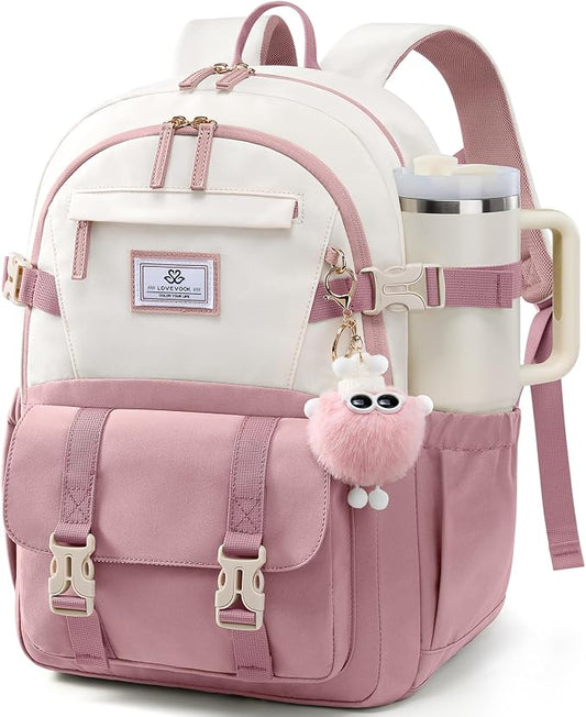 LOVEVOOK School Backpack for Teen Girls, Bookbag for 8-16 Student, Middle High College Back to School Cute Kids Backpack, 17.3 Inch, Pink-beige