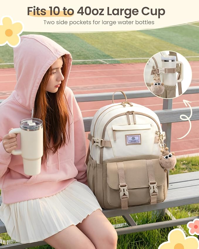 LOVEVOOK School Backpack for Teen Girls, Bookbag for 8-16 Student, Middle High College Back to School Cute Kids Backpack, 15.6 Inch, Khaki-beige