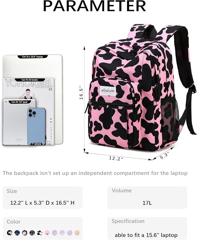 abshoo Classical Basic Cow Print Womens School Backpack For College Teen Girls Water Resistant Bookbag (Cow Pink)
