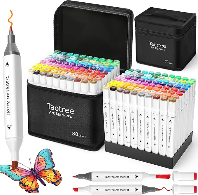 Taotree Alcohol Markers Set 80 Colors with Case & Holders, Dual Tips Art Coloring Markers Pens Set, Chisel & Fine Sketch Pens Art Supplies for Artist Adult Coloring Book Drawing, Painting, Sketching