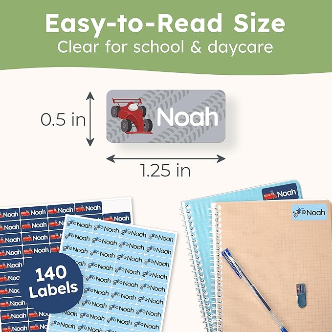 Personalized Name Labels for Kids (140 Labels) - Durable & Waterproof Custom Name Stickers for Clothing Tags, School Supplies, Camp & Daycare - Gears (1.2”x0.5”)