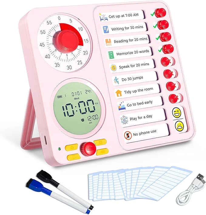 3-in-1 Visual Timer Task Timer with Chore Chart Board, ADHD Tool for Kids Adults Visual Schedule for Kids with Autism, Daily Checklist for Home, School, Classroom, Desk, Chore Chart