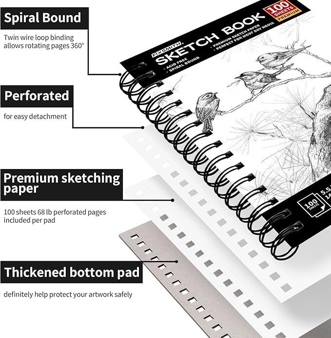 FIXSMITH 5.5"X8.5" Sketch Book | 400 Sheets (68 lb/100gsm) Sketchbook |Acid Free Drawing Paper | Spiral Bound Artist Sketch Pad | for Kids, Beginners, Artists & Professionals | Bright White