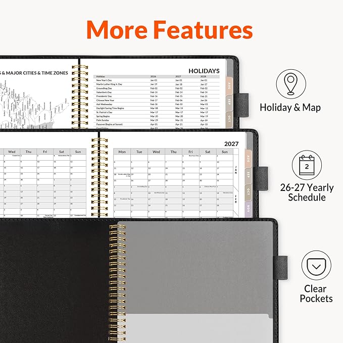 SUNEE 2026-2027 Weekly & Monthly Planner 9"x11.2" - 12 Month (July 2026 - June 2027), Vegan Leather Cover Planner Academic Year Calendar, Pocket, Notes, Monthly Tab, Black