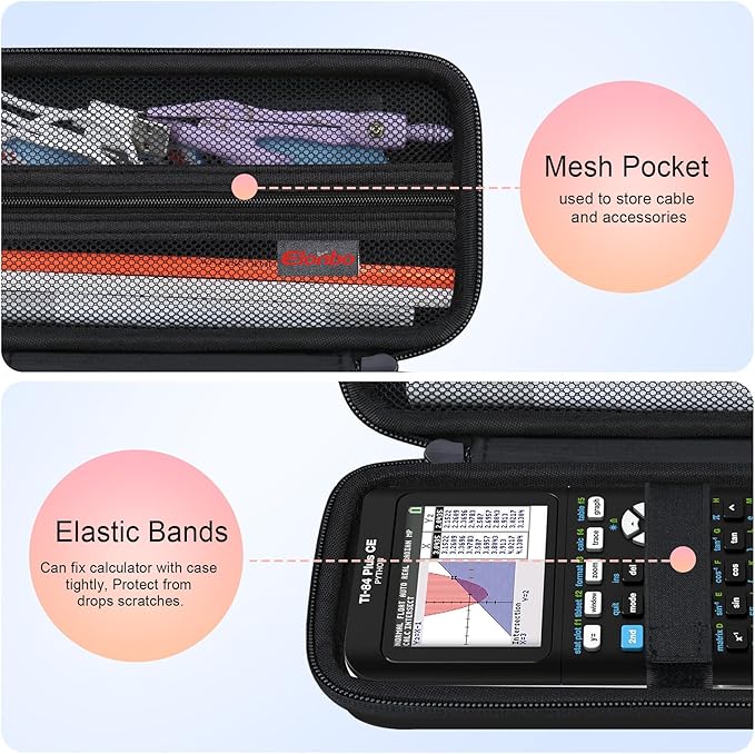 Elonbo Carrying Case for Texas Instruments TI-84 Plus CE/TI-84 Evo/TI-84 Plus/TI-83 Plus/TI-83 Plus CE Color Graphing Calculator, Extra Mesh Pocket Fits Charging Cable Charger, Black+Inside Black