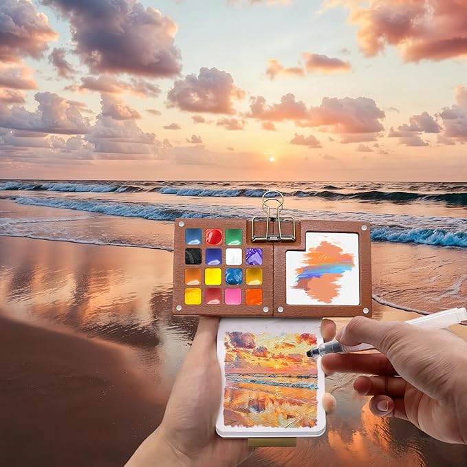 Pocket Watercolor Paint Set - 24 Vibrant Colors, Pocket Art Kit with 15-Well Walnut Palette - for Travel, Beginners, Outdoor Sketching & Painting Gift