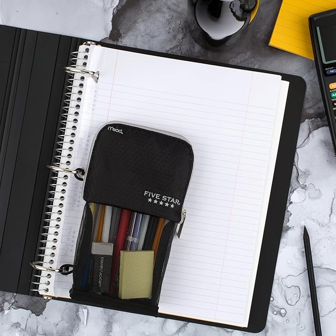 Five Star Pencil Pouch, Pen Case, Stand 'N Store Zipper Pouch, Fits 3-Ring Binder, Storage Organizer for Supplies Earbuds Chargers Cables Makeup, Black/Grey (505160A-ECM)