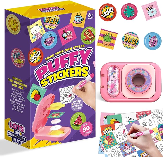 Puffy Sticker Maker for Kids — Make Your Own 3D Stickers, 90-Piece DIY Craft Kit with Unicorn Machine, Arts and Crafts for Girls Boys Ages 6-10, Screen-Free Birthday Gift