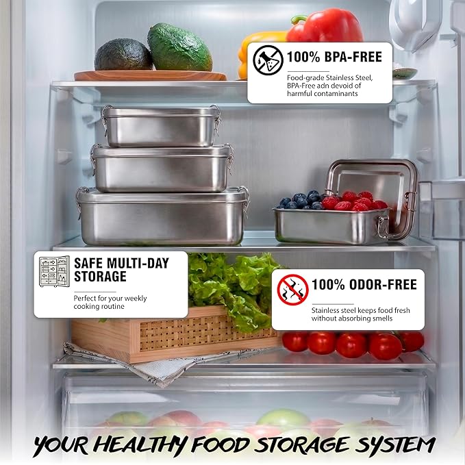 5 in 1 | Stainless Steel Bento Box & Cutlery Set & Snack Container – 19/41/81oz (550/1200/2400ml) – Nesting Metal Lunch Box for Office, Work, Travel – BPA Free Food Storage Lunchbox Tiffin for Adults