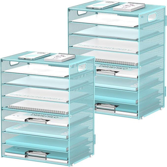 DALTACK 9-Tier Paper Organizer for Desk, Mesh Letter Tray Desk Organizer with Handles, Space-Saving File Organizer for Office Home School, Blue 2 Pack