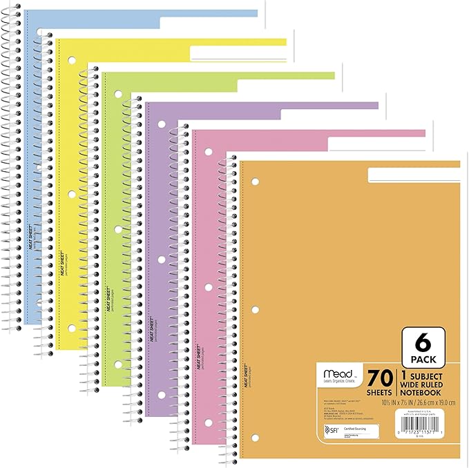Mead Spiral Notebook, 6 Pack, 1 Subject, Wide Ruled Paper, 7-1/2" x 10-1/2", 70 Sheets per Notebook, Assorted Pastel Colors (930050-ECM)