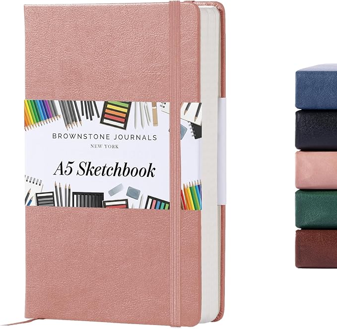 BROWNSTONE JOURNALS A5 Sketch Book Hardcover - 80 Sheets 100 GSM Paper 5"x8", Lay Flat, Vegan Leather Cover, Elastic Band, Back Pocket, Art Drawing Book (Rose Wood)