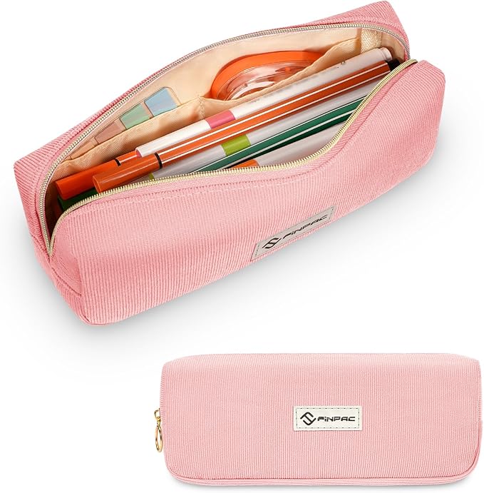 FINPAC Pencil Case, Corduroy Aesthetic Makeup Bag, Cute Kawaii Pen Bag Pouch Holder Box Organize for Study, Office, or Travel (Pink)
