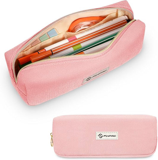 FINPAC Pencil Case, Corduroy Aesthetic Makeup Bag, Cute Kawaii Pen Bag Pouch Holder Box Organize for Study, Office, or Travel (Pink)