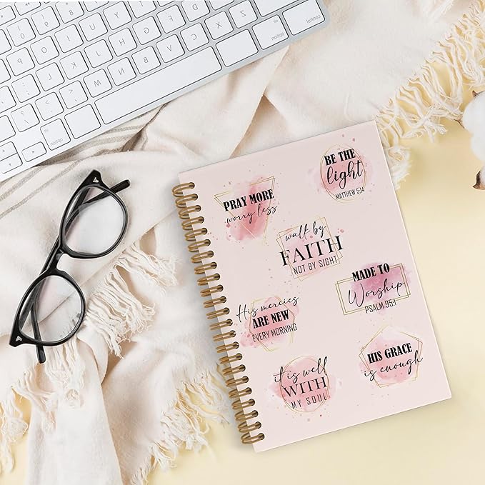 Pink Bible Spiral Notebook, Christian Journal Notebook, Walk by Faith Journal, Christian Faith Notebooks for School Work, Pink Bible Office Supplies Gifts for Women Girls, 5.5x8.3 Inch