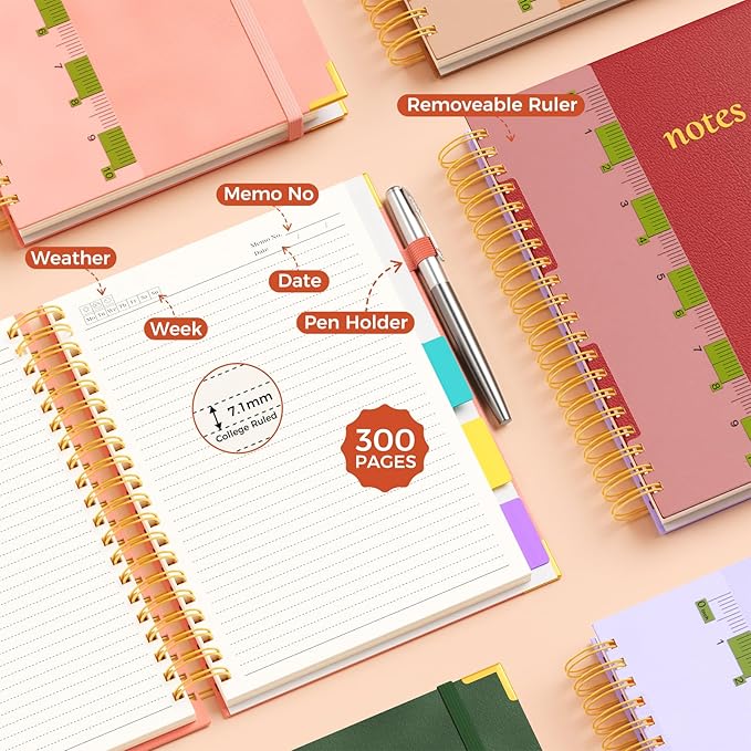 XYark A4 Hardcover Spiral Notebook, 8.5"x11" College Ruled Notebooks with Removable Dividers Tabs & Ruler, 5 Subject Notebook 300 Pages, Large Lined Journal for Women Men School Work Office, Red