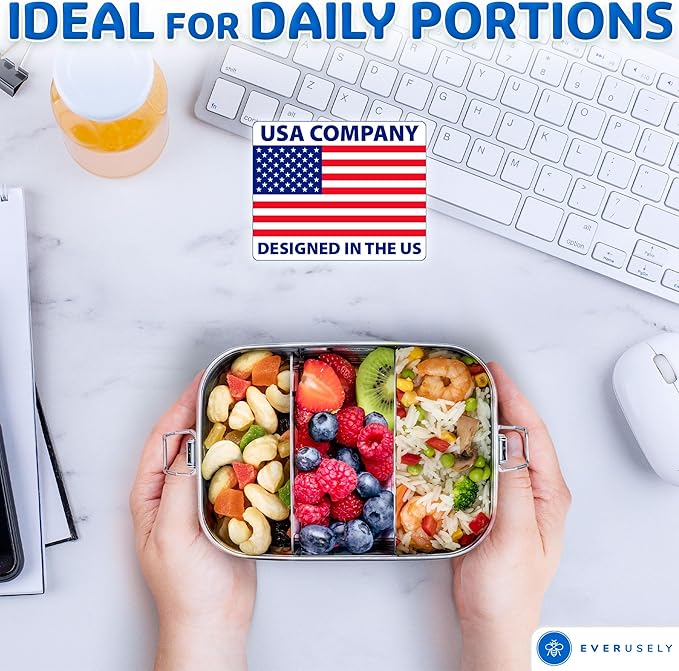 Everusely - Stainless Steel Lunch Box - 27 oz / 0.8 L, 2 Adjustable Dividers - Leakproof Snack and Salad Bento Containers for Adults - Food Storage Boxes with Lids for Work, Picnics, Travel