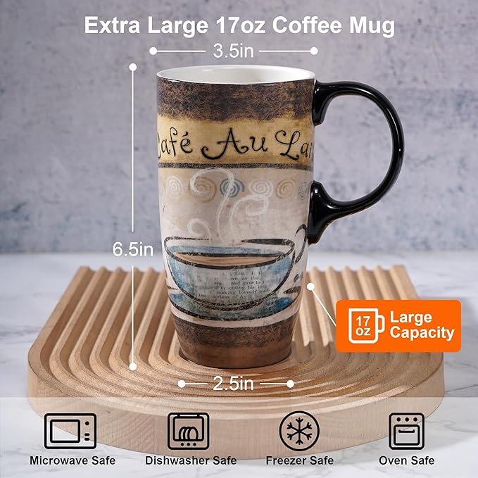 Topadorn 17oz Ceramic Travel Mug with Lid, Vintage Café Au Lait Coffee Cup, Spill Proof Microwave & Dishwasher Safe Mug, Gift Box Included