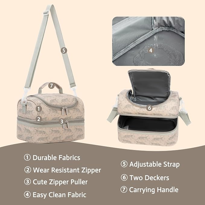 Insulated Kids Dual Compartment Lunch Bags Tote for Girls Boys Toddler Lunch Boxes Pre-School Toddler Kindergarten Picnic Camp Food Cooler Thermal with Strap (Z Tiger)