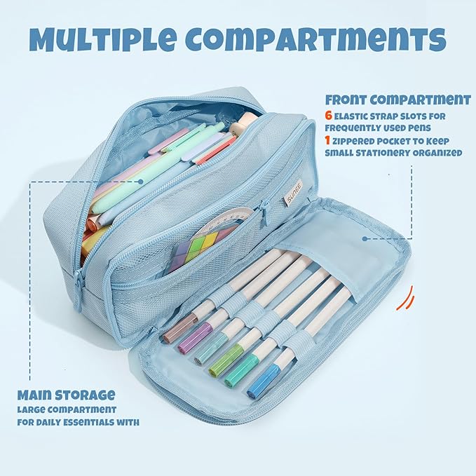 SUNEE Pencil Case, Large Capacity Pencil Pouch, Aesthetic Big Pen Bag 900D Oxford Pen Box for Office Stationery Organizer School Supplies Multifunctional for Teen Boys Girls Women Men, Blue