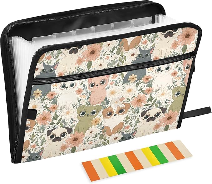 Cats Dogs Flowers Pattern 13 Pocket File Organizer Expanding File Folder with Front Pouch Portable Business File Storage Document Organizer Folder with Zipper