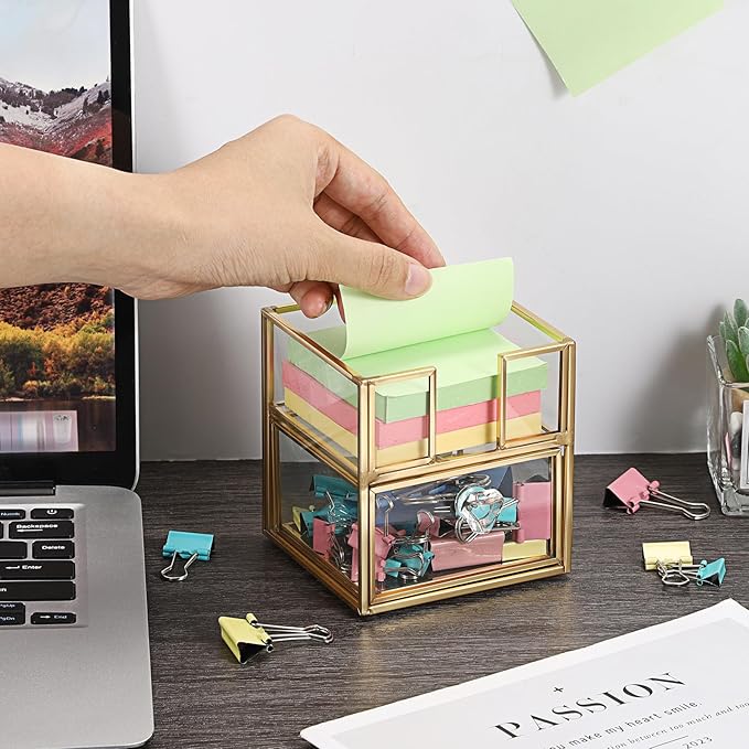 BTSKY Golden Glass 3x3 Inch Sticky Note Holder with Drawer, Elegant Post It Note Dispenser with Non-Slip Pads Clear Notepad Holder for Desk Organization Planning, Home Office Decor