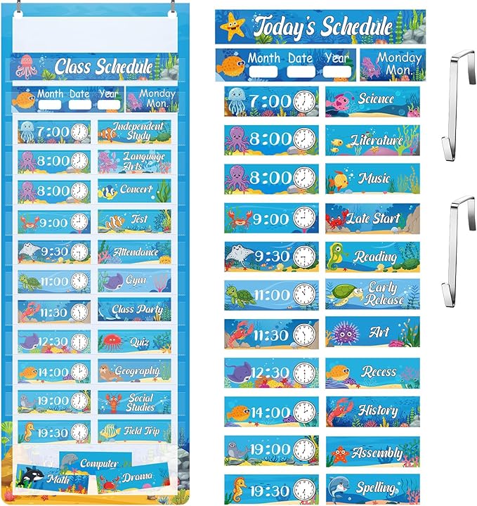 Gueevin Under the Sea Daily Schedule Pocket Chart & Card Set Include 1 Hanging Chart with 24 Pockets 2 Metal Hooks 60 Schedule & Activity Cards Reusable Calendar for Kindergarten Daycare Decor