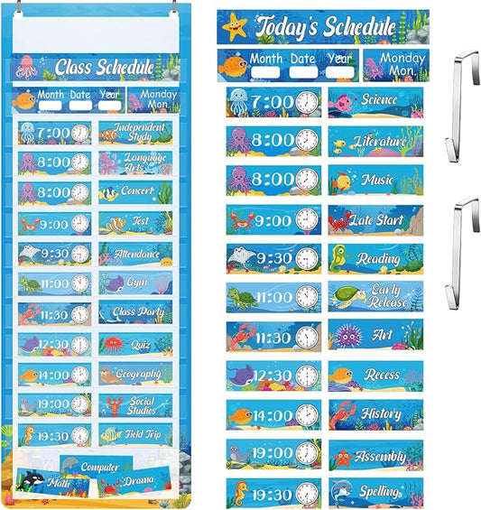 Gueevin Under the Sea Daily Schedule Pocket Chart & Card Set Include 1 Hanging Chart with 24 Pockets 2 Metal Hooks 60 Schedule & Activity Cards Reusable Calendar for Kindergarten Daycare Decor