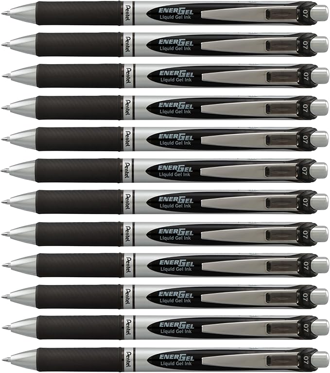 Pentel EnerGel RTX Retractable Liquid Gel Pen, (0.7mm) Medium Line, Metal Tip, Black Ink, Box of 12 (BL77-A)