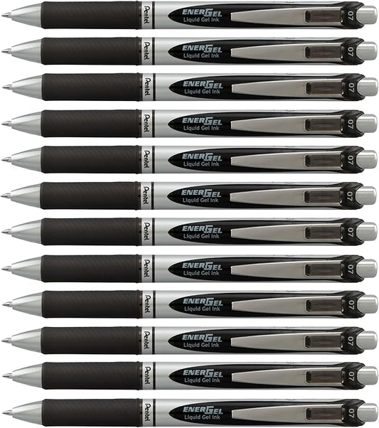 Pentel EnerGel RTX Retractable Liquid Gel Pen, (0.7mm) Medium Line, Metal Tip, Black Ink, Box of 12 (BL77-A)