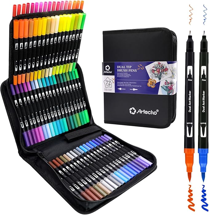 Artecho 72 Colors Markers for Adult Coloring Books, Dual Tip Markers for School, Fine and Brush Tip for Adults Coloring Books, Calligraphy, Drawing, Sketching