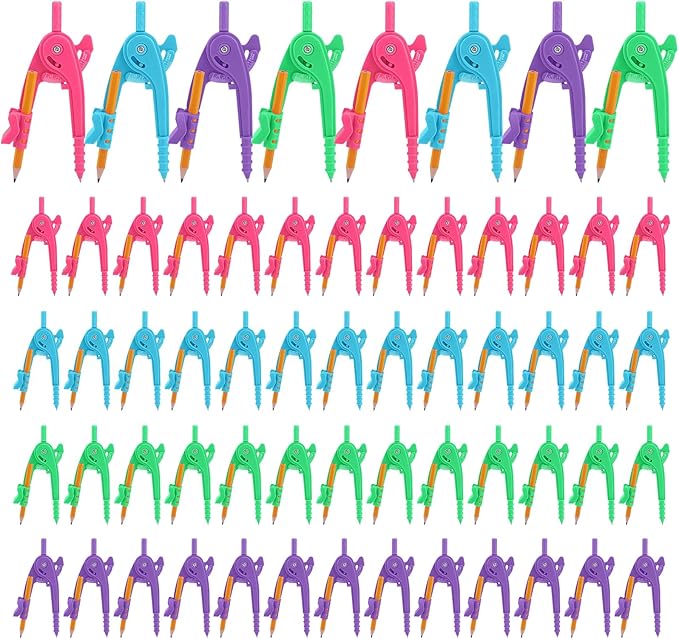 60 Pieces Compass Geometry Tool Multicolour Math Compass Drawing Compass for Geometry Plastic Geometry Compass with Pencil for Office Drafting Art Drawing (4 Colors, 60 PCS)