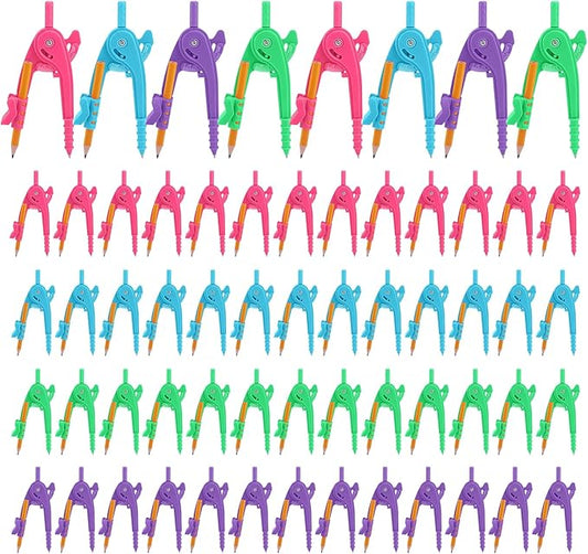 60 Pieces Compass Geometry Tool Multicolour Math Compass Drawing Compass for Geometry Plastic Geometry Compass with Pencil for Office Drafting Art Drawing (4 Colors, 60 PCS)