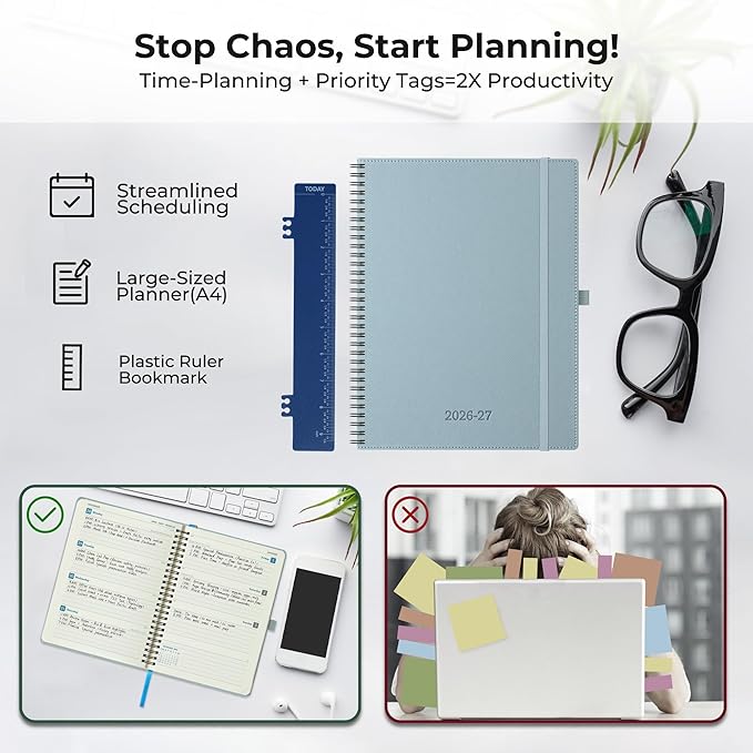 Planner 2026-2027 Daily Weekly and Monthly,11.5"x8.5",18 Months Spiral Bound Calendar Agenda with Self-adhesive Pen Holder,2026 Academic Plan with Vegan Leather Soft Cover,Dusty Blue