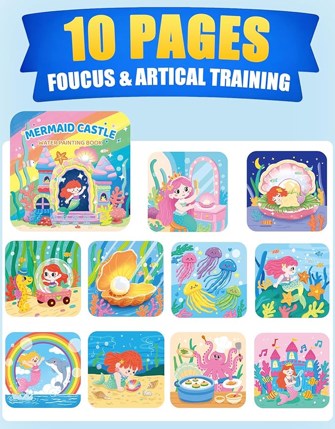 K'ONLE Reusable Water Coloring Books for Toddlers, Clean & Easy Painting & Doodle Book Toys for Kids Ages 1-3, 2-4 | Paint with Water Activity Book, Travel Gift for Boys & Girls-Mermaid