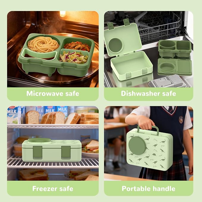 Kids Insulated Lunch Box with 8OZ Thermo Food Jar | Leakproof Bento Box with Ice Pack Sauce Cup Utensils Removable Tray & Dividers for School Daycare Travel, Dinosaurs