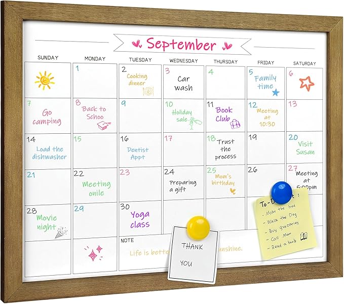 Dry Erase Monthly Calendar Whiteboard, Magnetic Surface White Board for Wall, Office/School/Home, Solid Pine Wood Rustic Brwon Frame Hanging Board & Planning Board, 13"x 17" (YL-RB-3343-B)