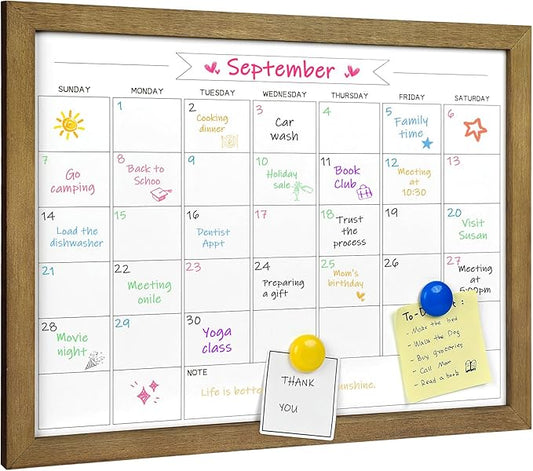 Dry Erase Monthly Calendar Whiteboard, Magnetic Surface White Board for Wall, Office/School/Home, Solid Pine Wood Rustic Brwon Frame Hanging Board & Planning Board, 13"x 17" (YL-RB-3343-B)