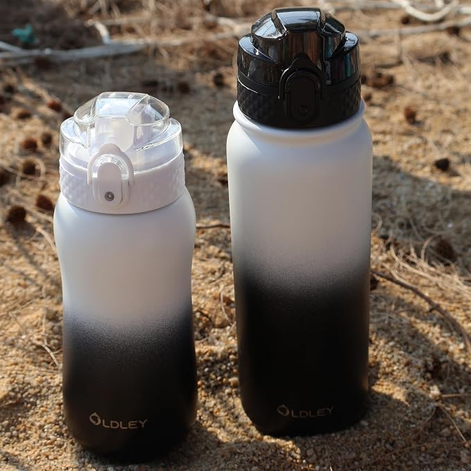 OLDLEY Insulated Water Bottle 12oz Water Bottles with Straw, Stainless Steel Water Bottle with 2 Lids, Double Wall Vacuum Bottels for Adults School Kids, Leak-Proof Travel Sport Bottles, White Black