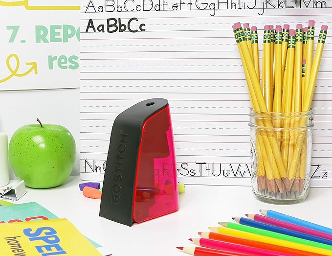 Bostitch Office Battery Powered Pencil Sharpener, Portable, Hinged Tray, Colored Pencil Compatible, Fits In Backpack & Most Pencil Cases, Red