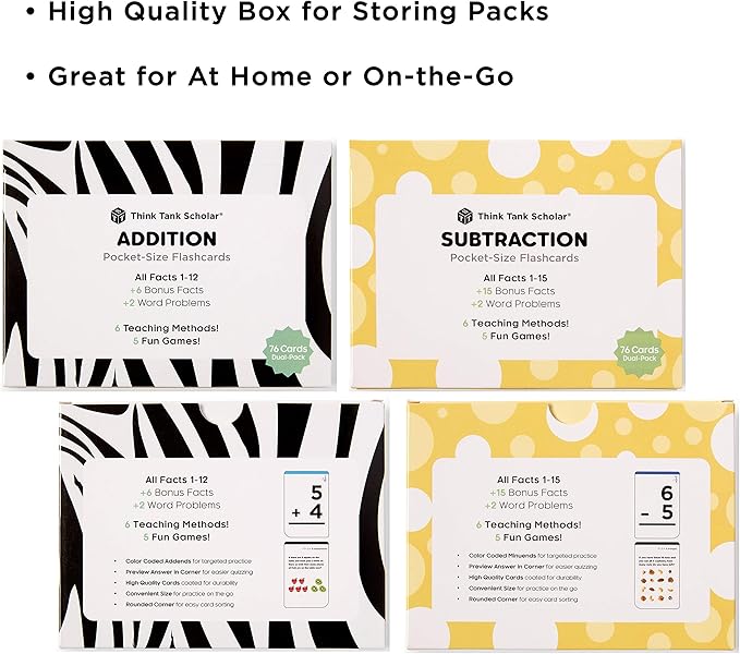 Think Tank Scholar Addition and Subtraction Flash Cards - 150 Facts 1-12 - Sub Facts 1-15 - Award Winning Math Games - Learn Add & Subtract - Kids Ages 4-8 in Kindergarten, 1st, 2nd, 3rd, 4th Grade