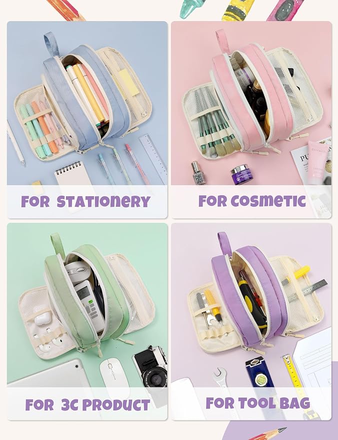SUNEE Large Pencil Case, Big Capacity Pen Pouch with 3 Compartments, Kawaii Pencil Bag with Zipper, High Storage Stationery Holder and Organizer, School Supplies for Teen and Adult Girls, Light Purple