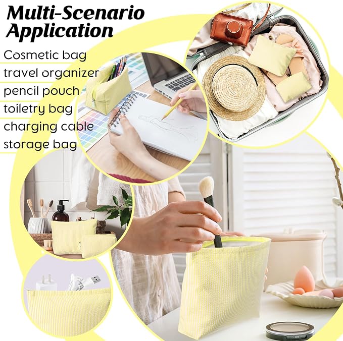 Huhumy 2 Pcs Makeup Bag Set for Women, Yellow, Thin Striped Seersucker | Cute Cosmetic Pouch Women Travel Toiletry Bag Preppy Small Makeup Purse Pouch Aesthetic Skincare Brushes Storage Organizer