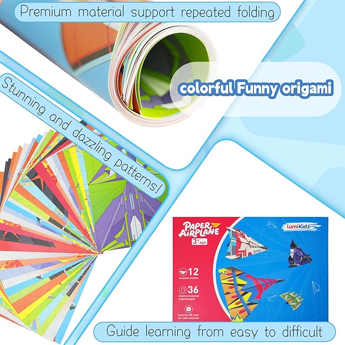 Paper Airplane Origami Kit for Kids Ages 8-12, 12 Paper Airplane Designs with 36 Colorful Origami Papers, Folding Airplane Activities for Kids, Creative Origami Kit Gift for Boys Girls