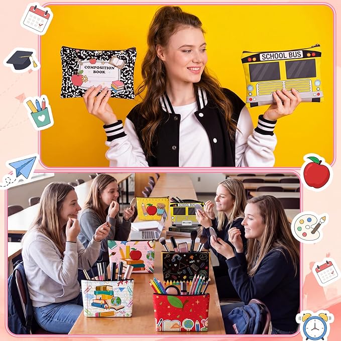 Reginary 12 Pcs Back to School Gifts Makeup Bags, School Bus & Pencil Print Bulk Cosmetic Pouches, Teacher Appreciation Zipper Pouch for Women, Classroom & Travel Supplies